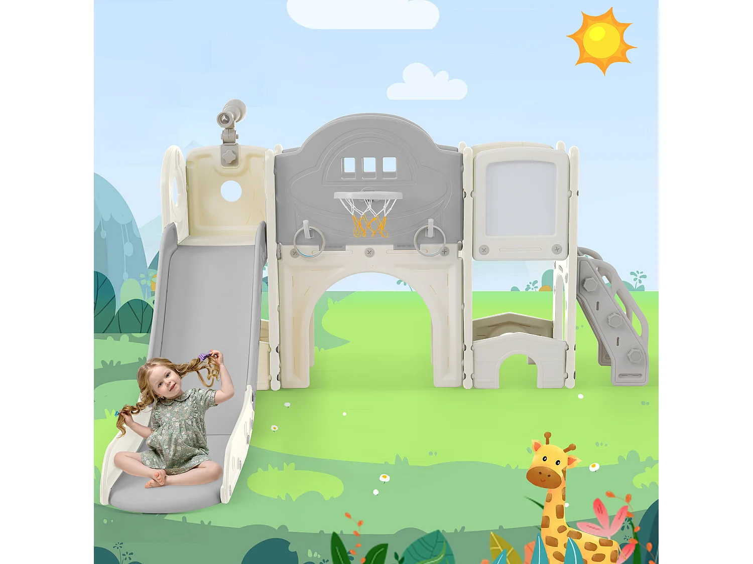 Toboggan 10-en-1 pour enfants, avec 2 toboggans, balançoire, plateforme, panier de basket, jeu de lasso, golf, rangement et escalier - HDPE (172x165x95 cm)