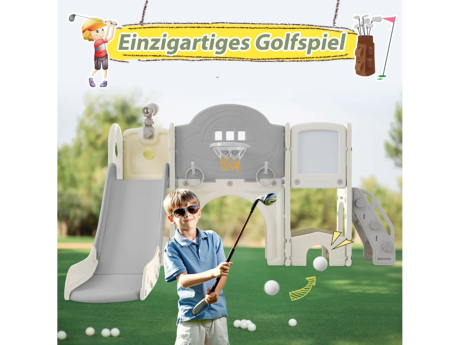 Toboggan 10-en-1 pour enfants, avec 2 toboggans, balançoire, plateforme, panier de basket, jeu de lasso, golf, rangement et escalier - HDPE (172x165x95 cm)