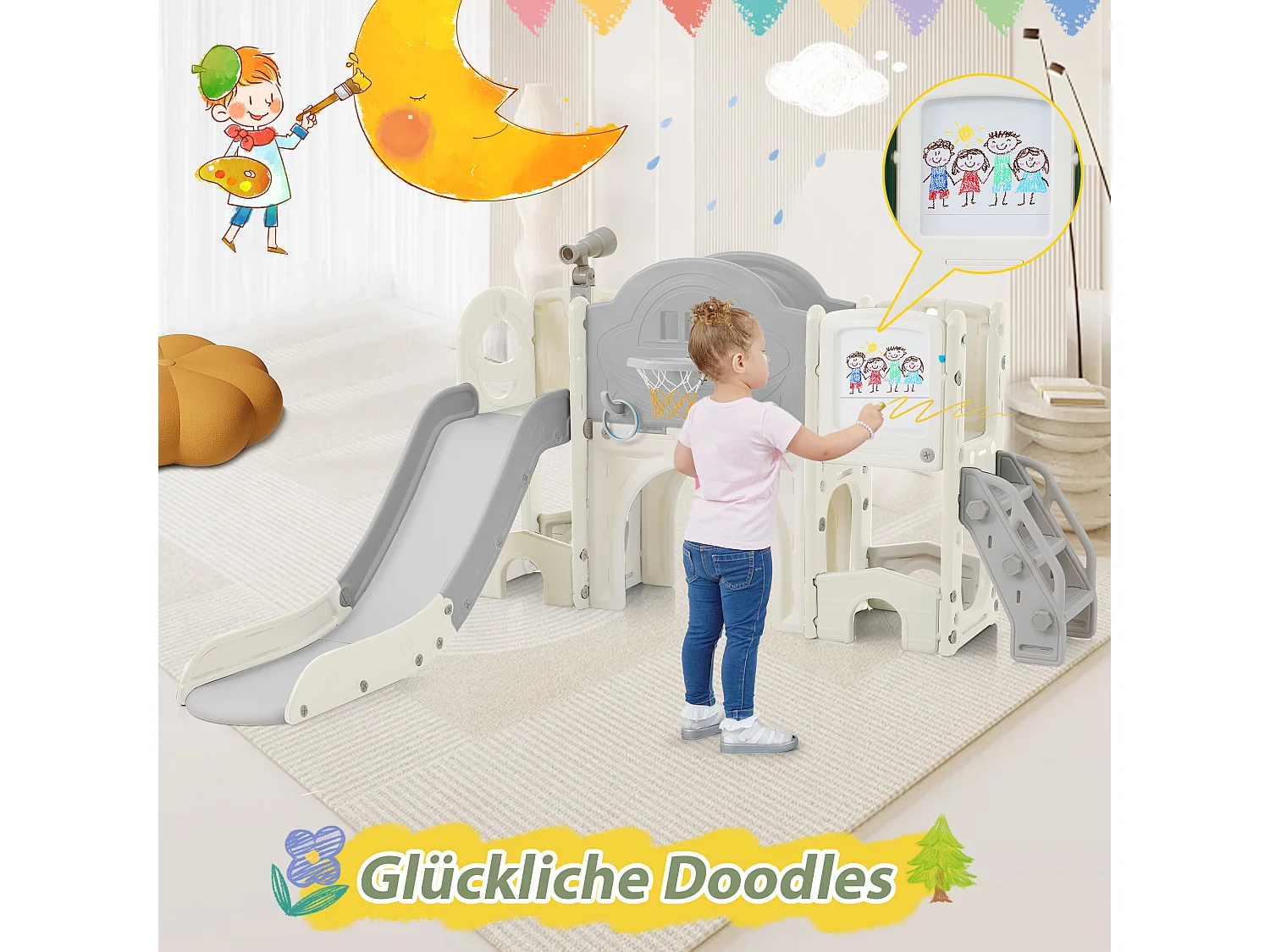 Toboggan 10-en-1 pour enfants, avec 2 toboggans, balançoire, plateforme, panier de basket, jeu de lasso, golf, rangement et escalier - HDPE (172x165x95 cm)