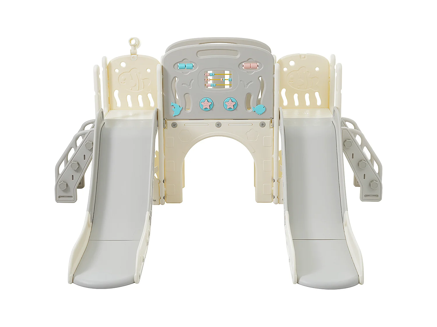 Parque infantil 8 en 1, juego de temática marina con tobogán, túnel, aro de baloncesto y telescopio, tobogán doble para niños pequeños