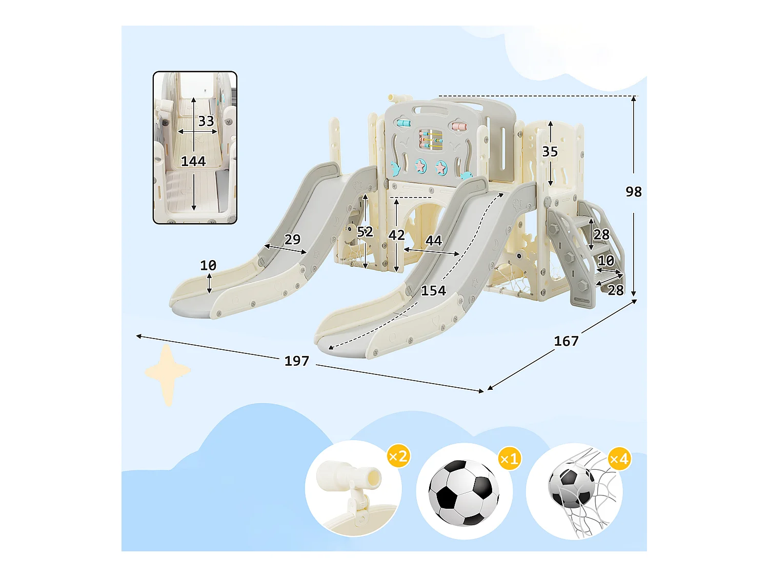 Parque infantil 8 en 1, juego de temática marina con tobogán, túnel, aro de baloncesto y telescopio, tobogán doble para niños pequeños