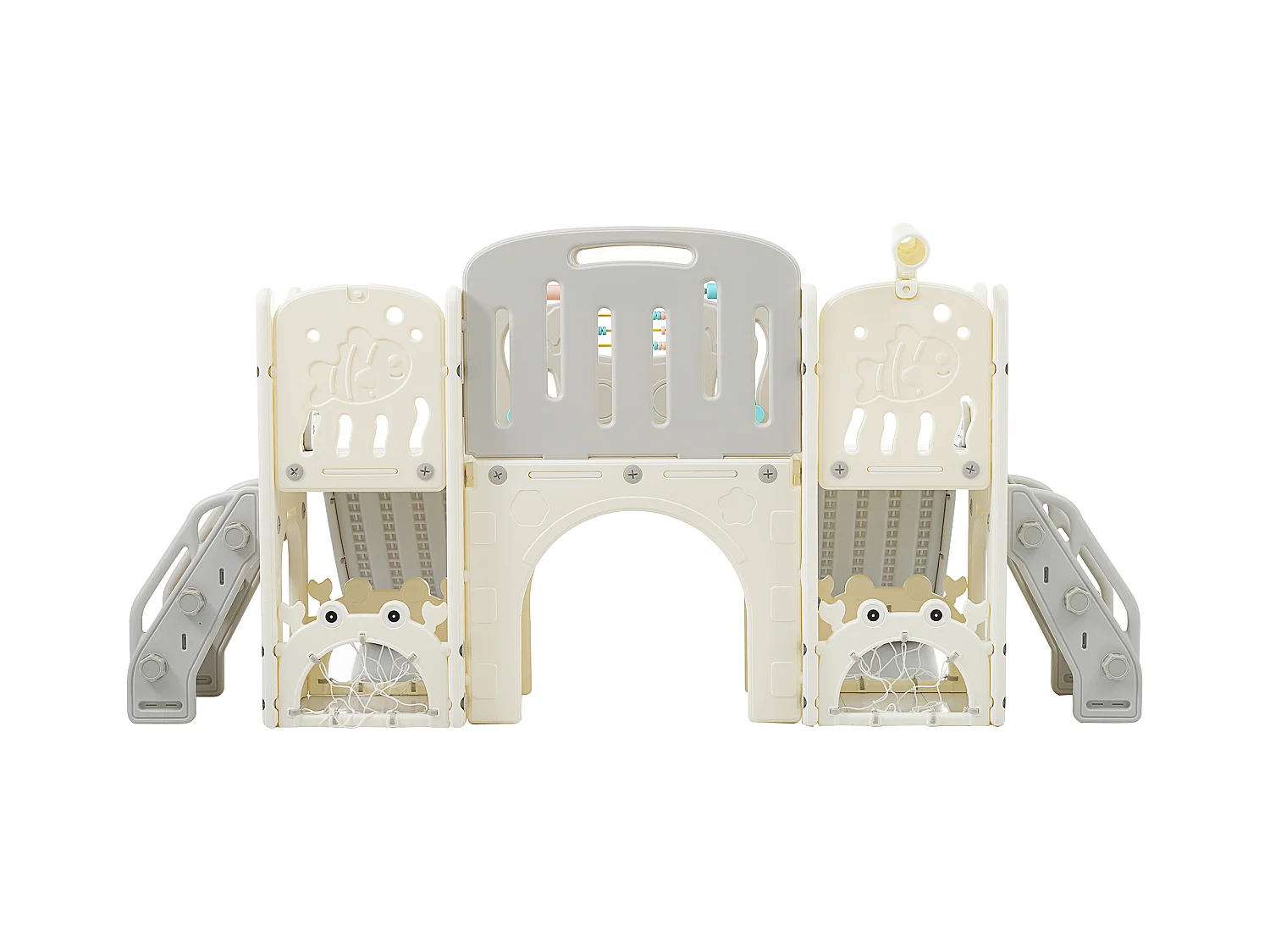 Parque infantil 8 en 1, juego de temática marina con tobogán, túnel, aro de baloncesto y telescopio, tobogán doble para niños pequeños