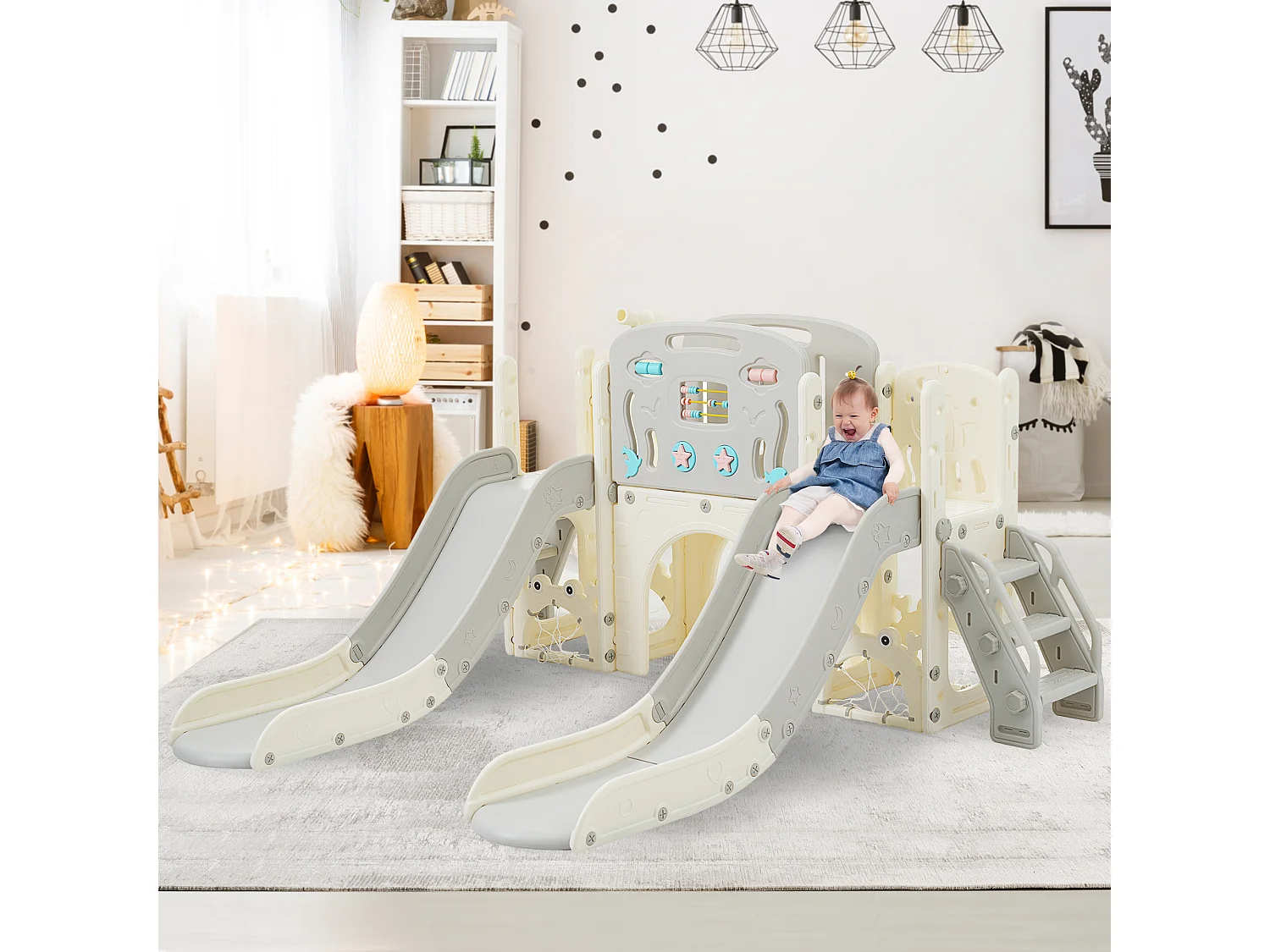 Parc pour enfants 8-en-1, Set de jeu à thème marin avec toboggan, tunnel, panier de basket et télescope, Double toboggan pour tout-petits