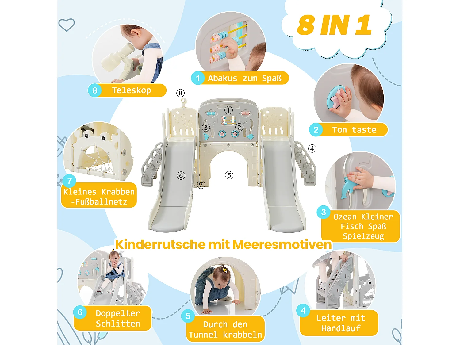 Parc pour enfants 8-en-1, Set de jeu à thème marin avec toboggan, tunnel, panier de basket et télescope, Double toboggan pour tout-petits