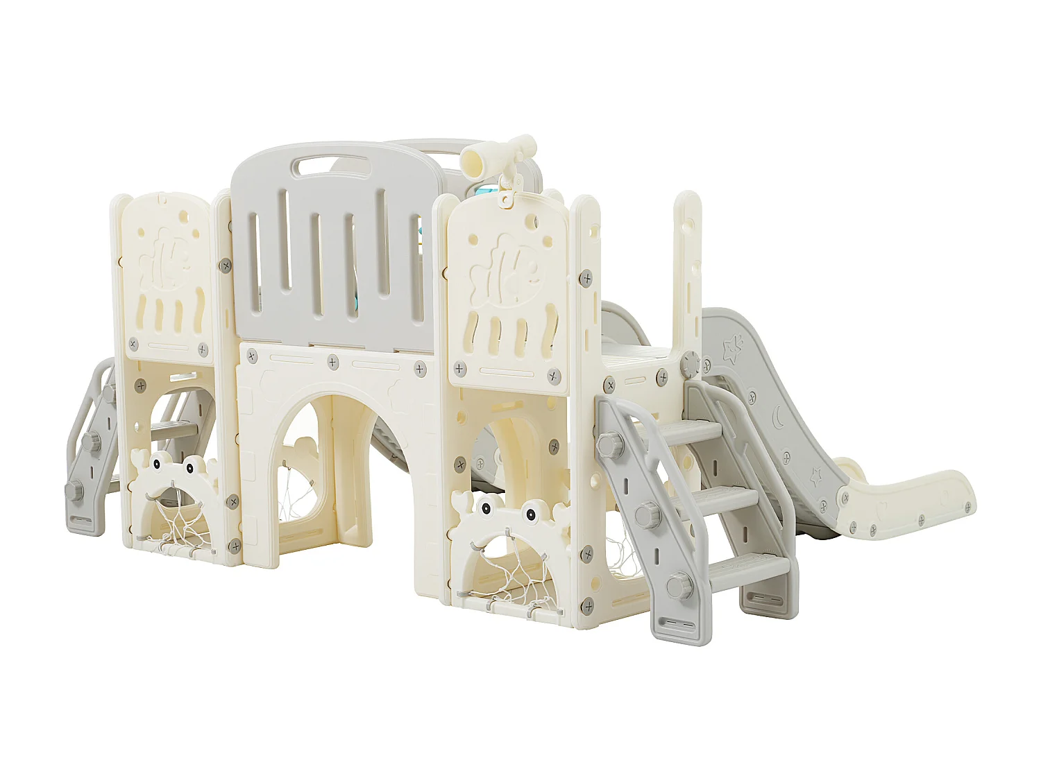 Parc pour enfants 8-en-1, Set de jeu à thème marin avec toboggan, tunnel, panier de basket et télescope, Double toboggan pour tout-petits