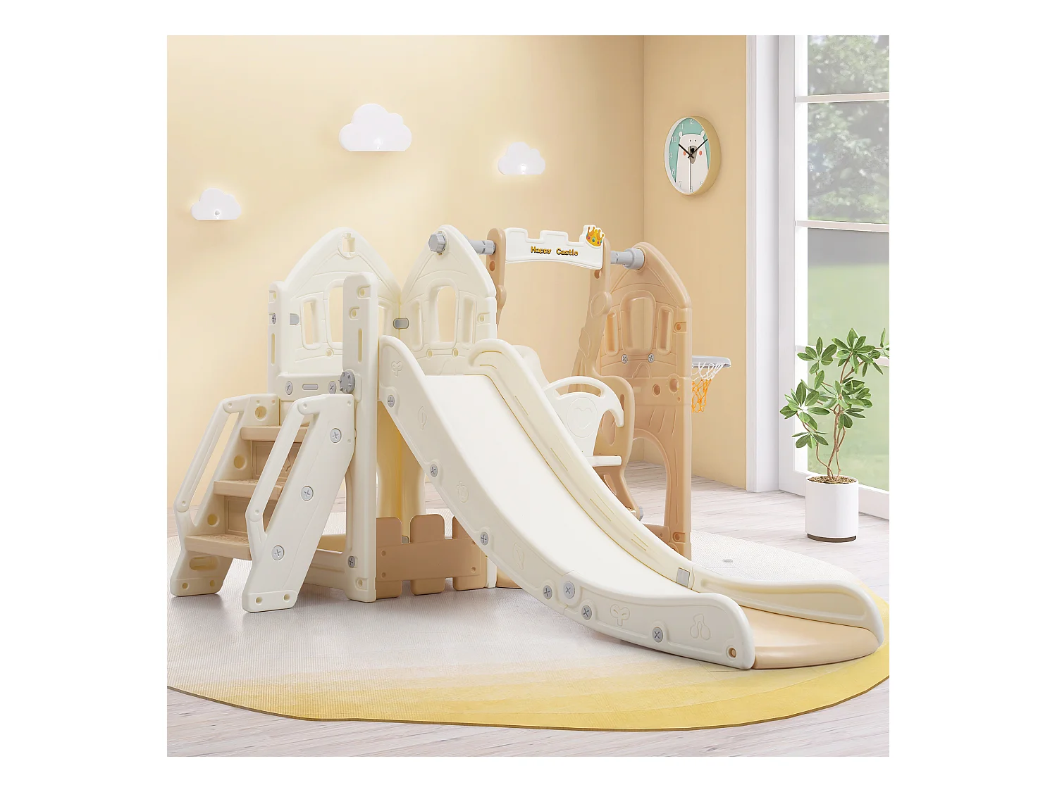 Tobogán infantil 5 en 1 con columpio, tobogán, escaleras, aro de baloncesto y espacio de almacenamiento, para interior, HDPE, gris antiguo (179 x 184 x 103 cm)