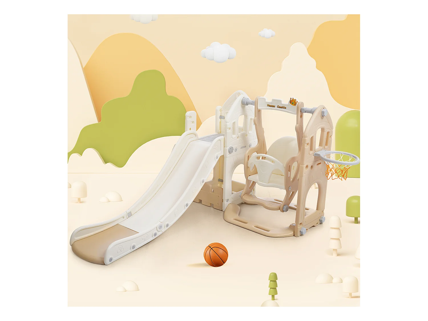 Tobogán infantil 5 en 1 con columpio, tobogán, escaleras, aro de baloncesto y espacio de almacenamiento, para interior, HDPE, gris antiguo (179 x 184 x 103 cm)