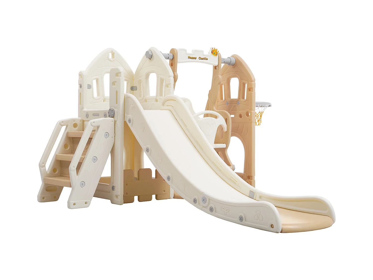 Tobogán infantil 5 en 1 con columpio, tobogán, escaleras, aro de baloncesto y espacio de almacenamiento, para interior, HDPE, gris antiguo (179 x 184 x 103 cm)