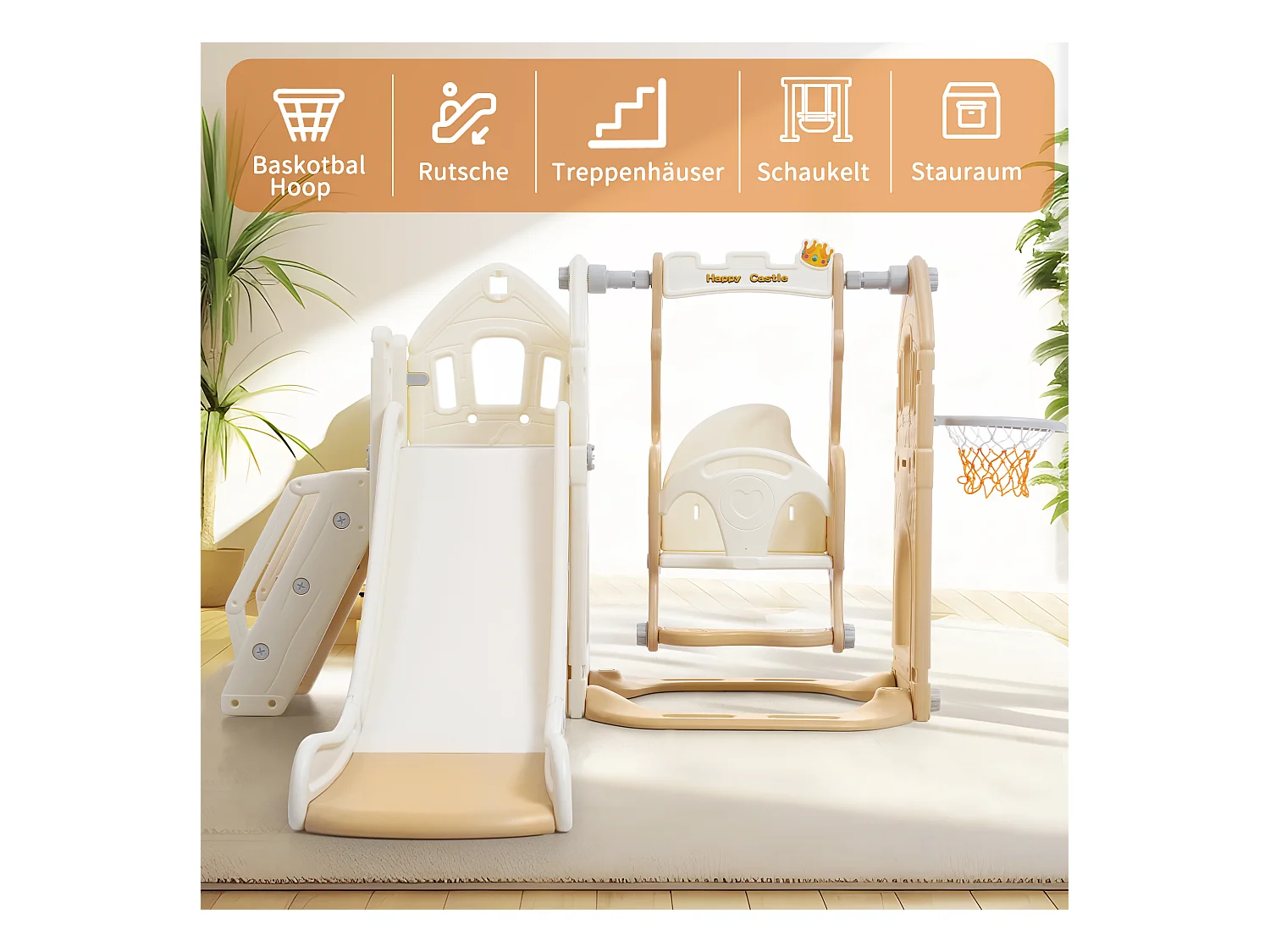 Tobogán infantil 5 en 1 con columpio, tobogán, escaleras, aro de baloncesto y espacio de almacenamiento, para interior, HDPE, gris antiguo (179 x 184 x 103 cm)