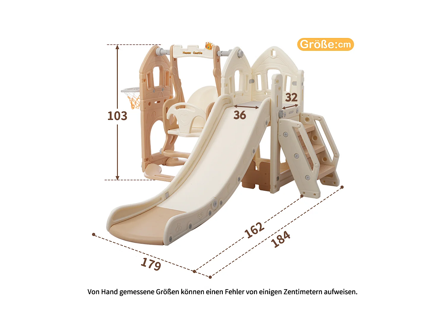 Tobogán infantil 5 en 1 con columpio, tobogán, escaleras, aro de baloncesto y espacio de almacenamiento, para interior, HDPE, gris antiguo (179 x 184 x 103 cm)