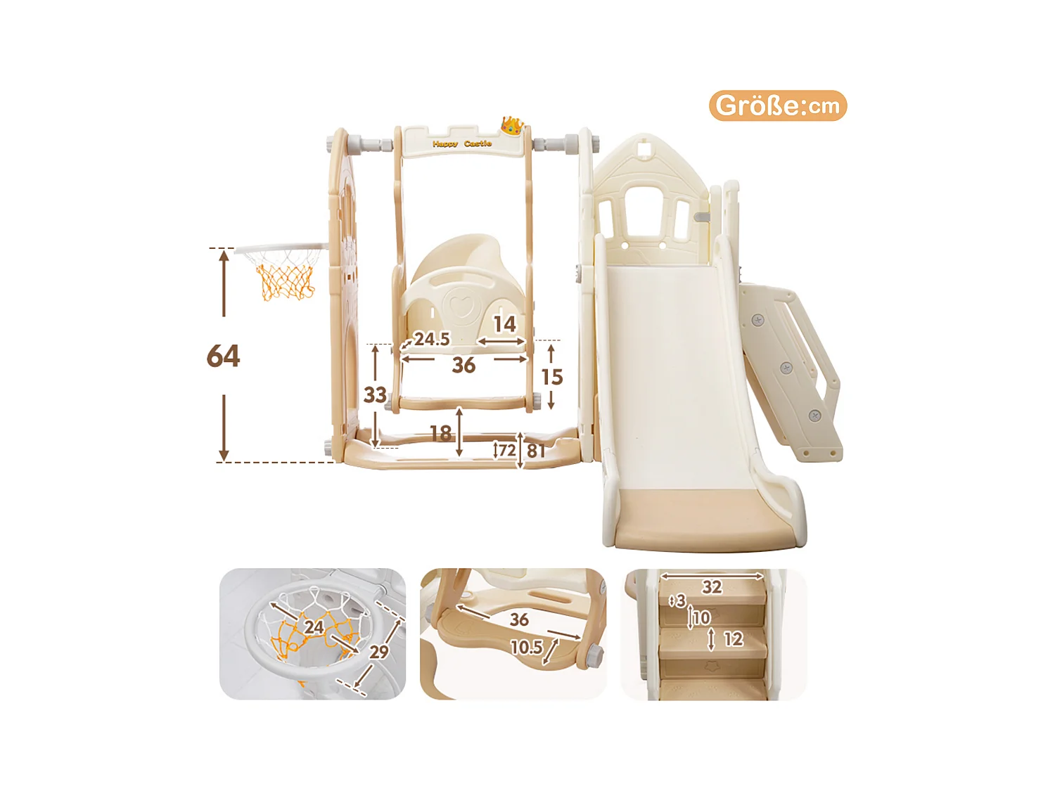 Tobogán infantil 5 en 1 con columpio, tobogán, escaleras, aro de baloncesto y espacio de almacenamiento, para interior, HDPE, gris antiguo (179 x 184 x 103 cm)