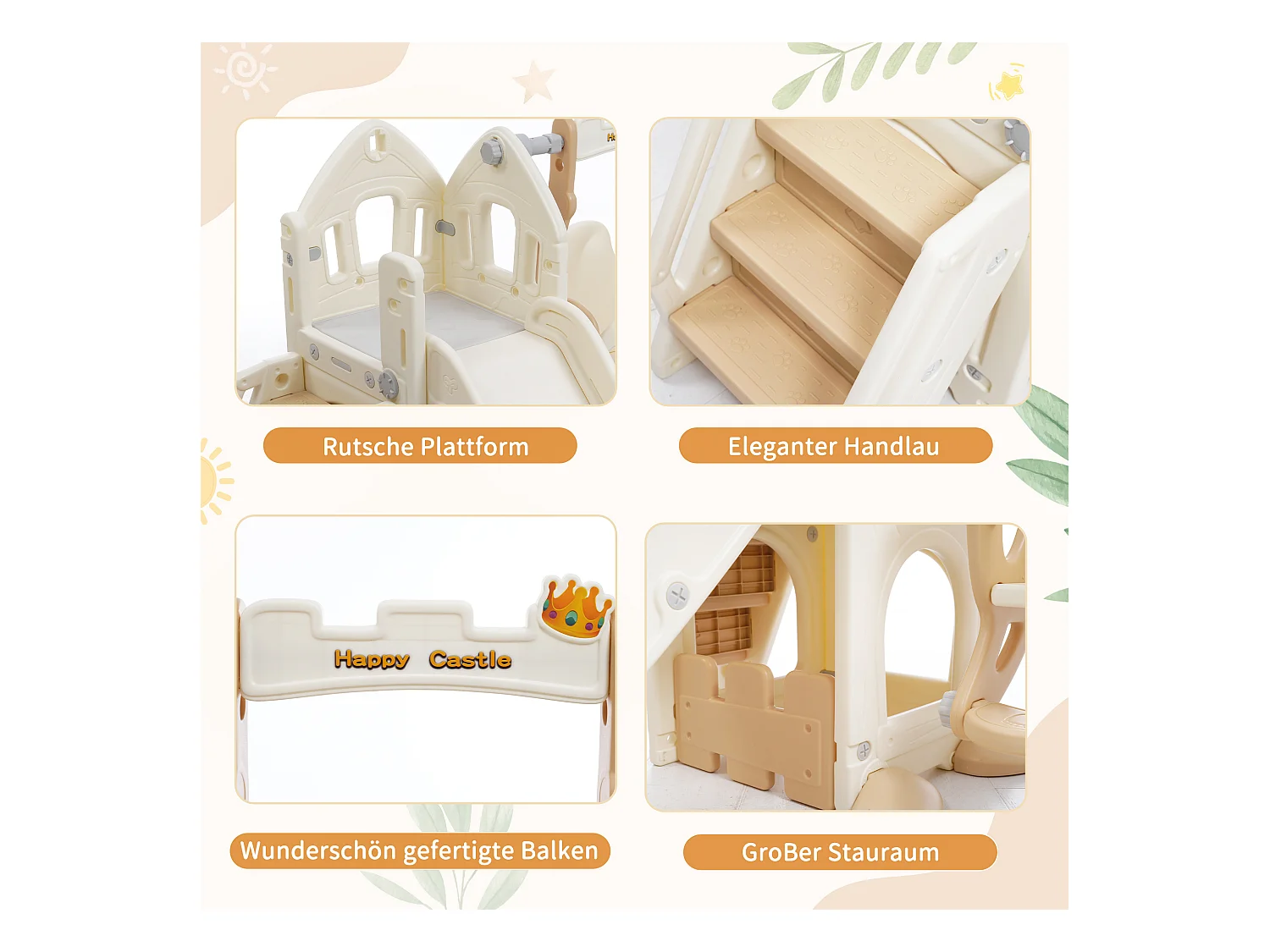 Tobogán infantil 5 en 1 con columpio, tobogán, escaleras, aro de baloncesto y espacio de almacenamiento, para interior, HDPE, gris antiguo (179 x 184 x 103 cm)