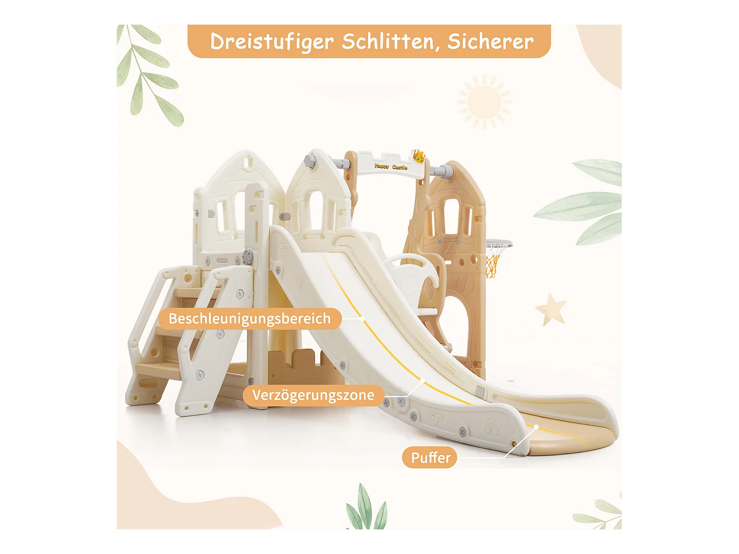 Tobogán infantil 5 en 1 con columpio, tobogán, escaleras, aro de baloncesto y espacio de almacenamiento, para interior, HDPE, gris antiguo (179 x 184 x 103 cm)