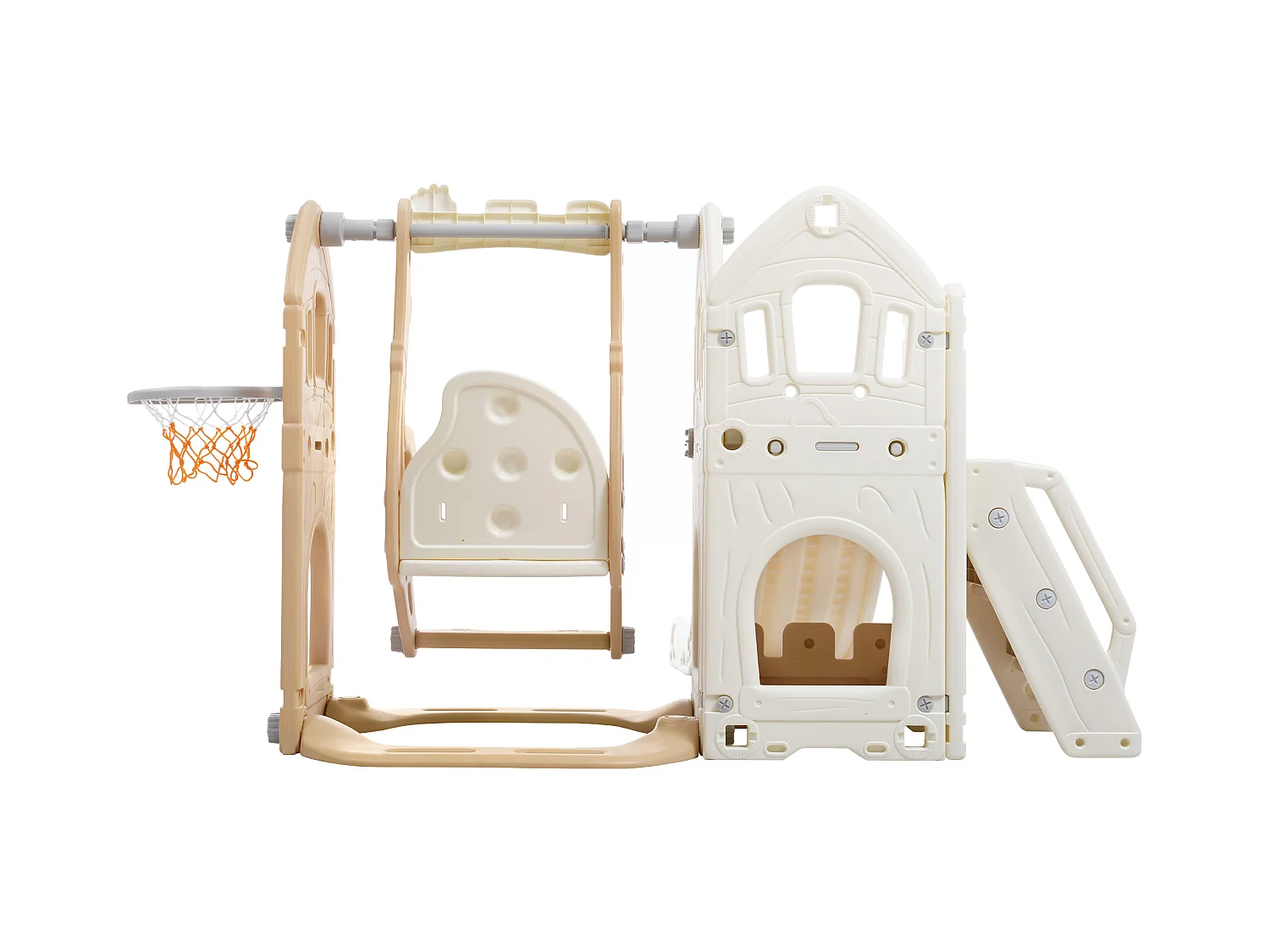 Tobogán infantil 5 en 1 con columpio, tobogán, escaleras, aro de baloncesto y espacio de almacenamiento, para interior, HDPE, gris antiguo (179 x 184 x 103 cm)