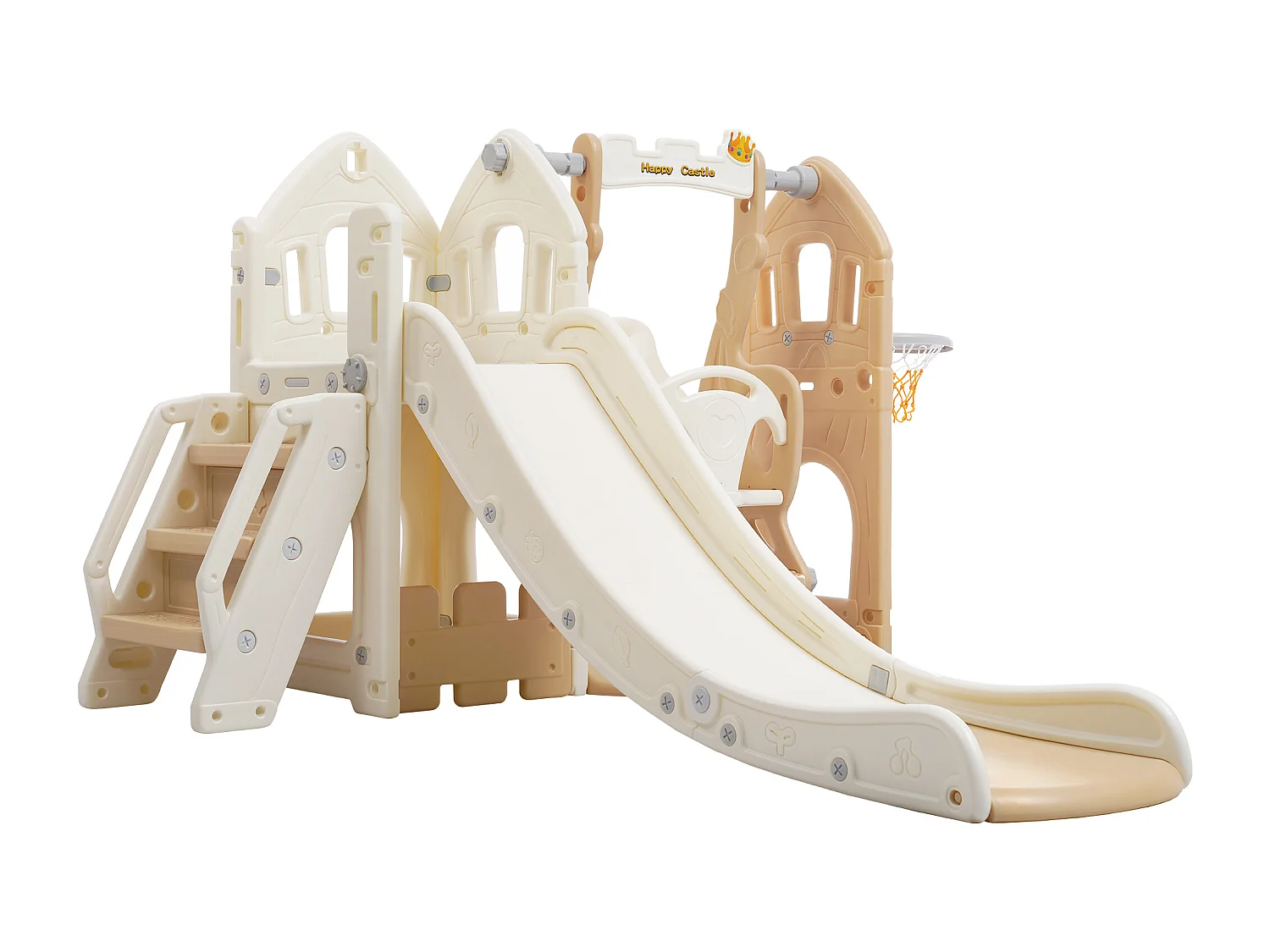 Toboggan 5 en 1 pour enfants avec balançoire, toboggan, escalier, panier de basket et rangement, pour intérieur, HDPE, Gris antique (179x184x103 cm)