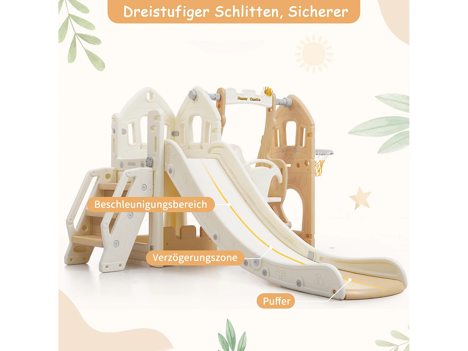 Toboggan 5 en 1 pour enfants avec balançoire, toboggan, escalier, panier de basket et rangement, pour intérieur, HDPE, Gris antique (179x184x103 cm)