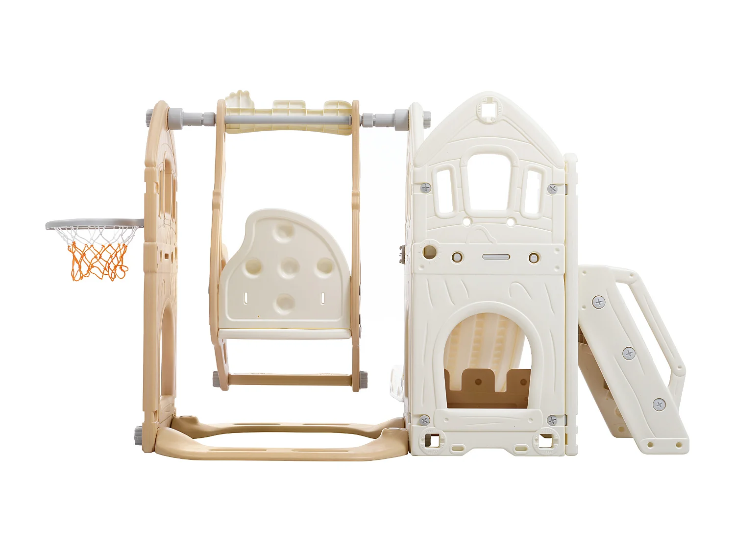 Toboggan 5 en 1 pour enfants avec balançoire, toboggan, escalier, panier de basket et rangement, pour intérieur, HDPE, Gris antique (179x184x103 cm)