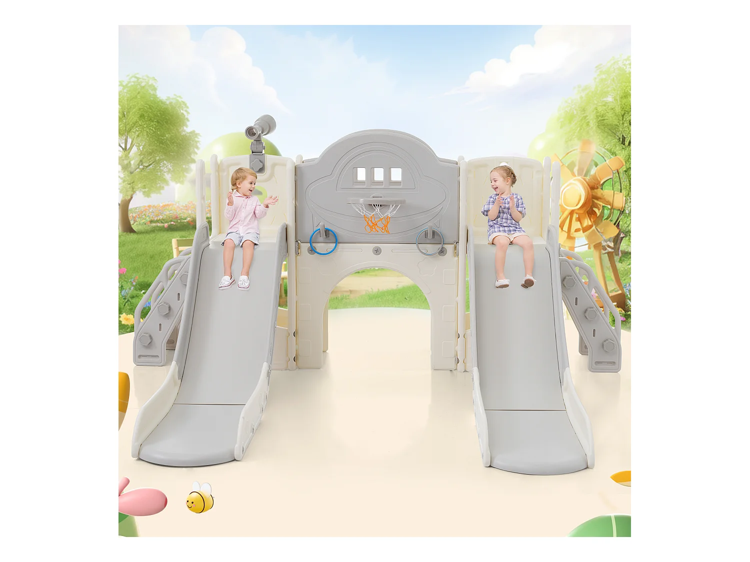 8-in-1 kinderglijbaan met 2 glijbanen, schommel, platform, basketbalring, lassospel, opbergruimte en trap - HDPE (200x165x95 cm)