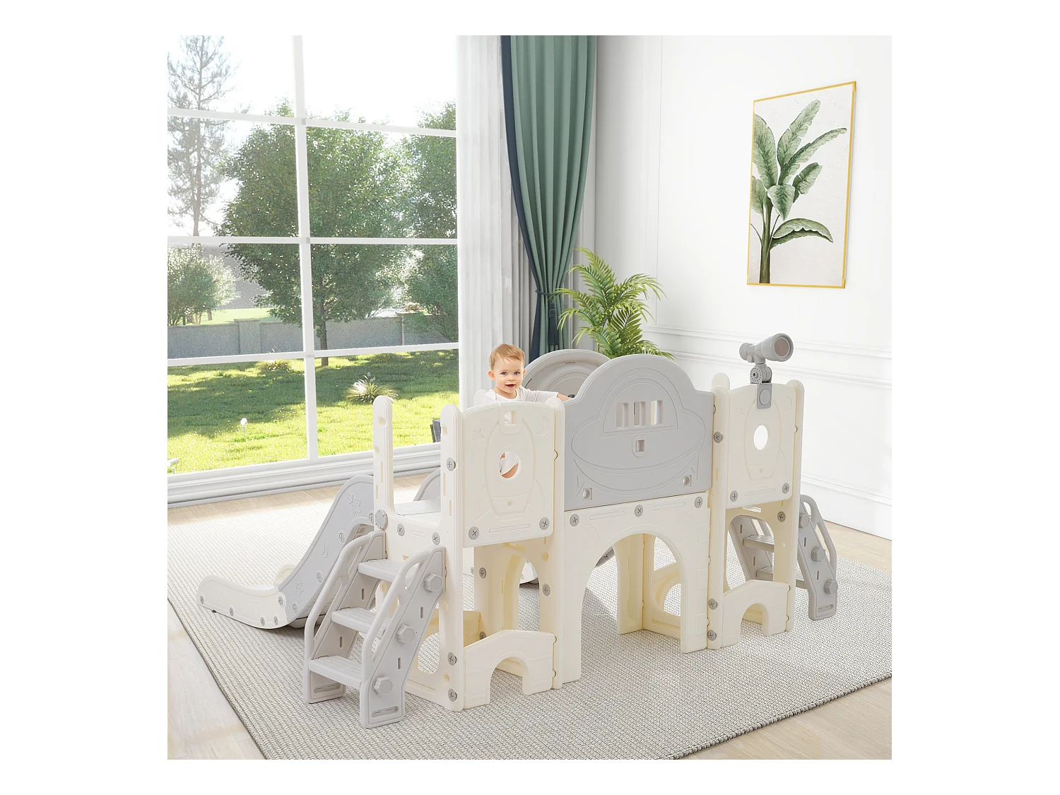 8-in-1 kinderglijbaan met 2 glijbanen, schommel, platform, basketbalring, lassospel, opbergruimte en trap - HDPE (200x165x95 cm)