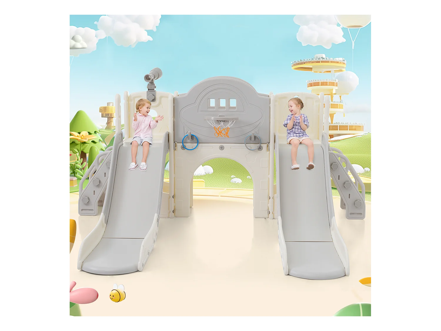 8-in-1 kinderglijbaan met 2 glijbanen, schommel, platform, basketbalring, lassospel, opbergruimte en trap - HDPE (200x165x95 cm)