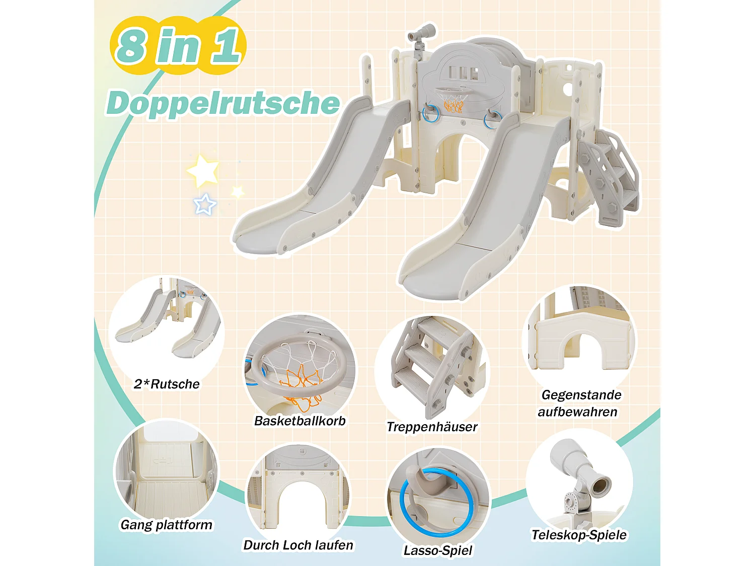 8-in-1 kinderglijbaan met 2 glijbanen, schommel, platform, basketbalring, lassospel, opbergruimte en trap - HDPE (200x165x95 cm)