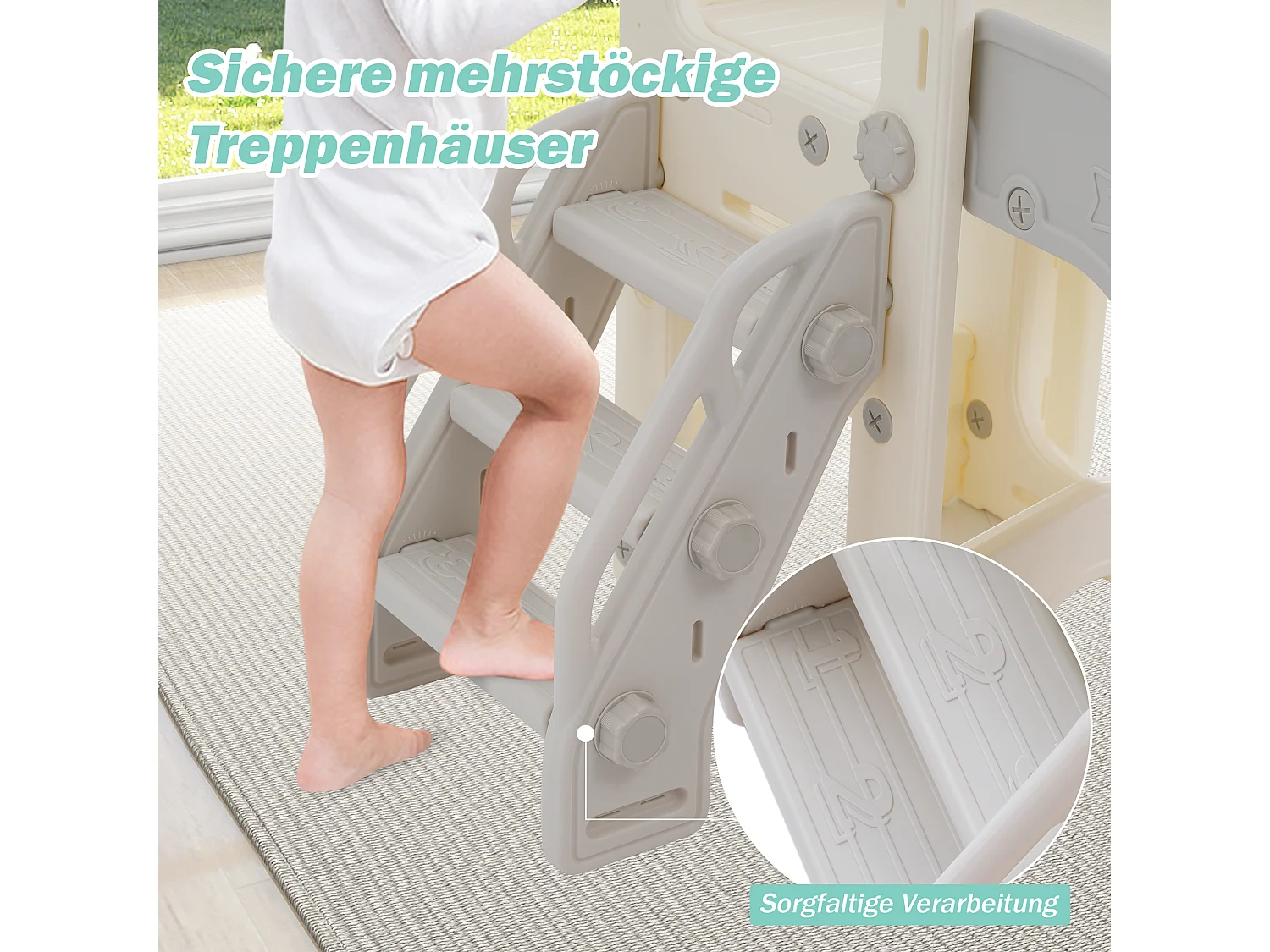 8-in-1 kinderglijbaan met 2 glijbanen, schommel, platform, basketbalring, lassospel, opbergruimte en trap - HDPE (200x165x95 cm)