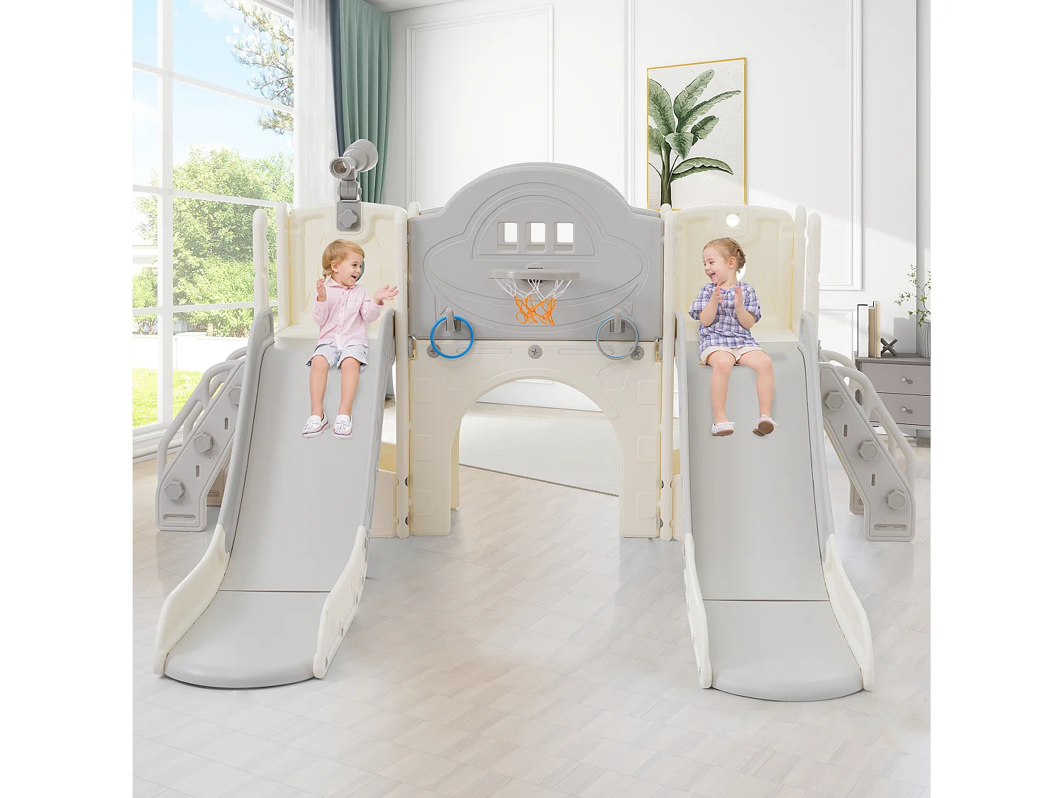 Scivolo per bambini 8 in 1 con 2 scivoli, altalena, piattaforma, canestro da basket, gioco del lazo, ripostiglio e scale - HDPE (200x165x95 cm)