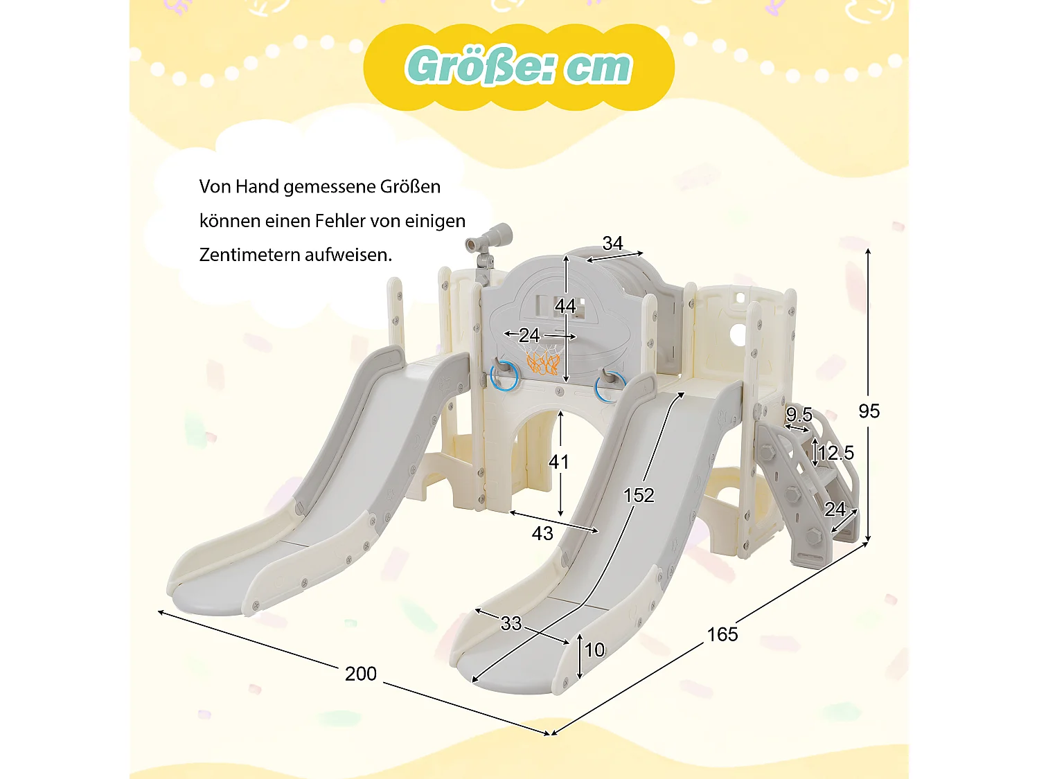 Scivolo per bambini 8 in 1 con 2 scivoli, altalena, piattaforma, canestro da basket, gioco del lazo, ripostiglio e scale - HDPE (200x165x95 cm)