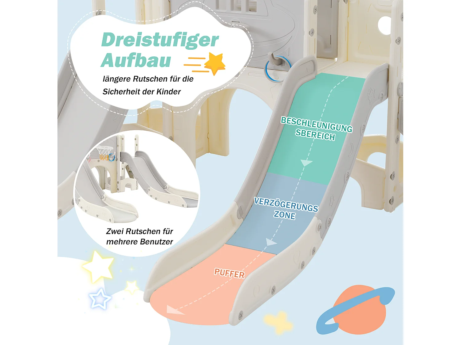 Scivolo per bambini 8 in 1 con 2 scivoli, altalena, piattaforma, canestro da basket, gioco del lazo, ripostiglio e scale - HDPE (200x165x95 cm)