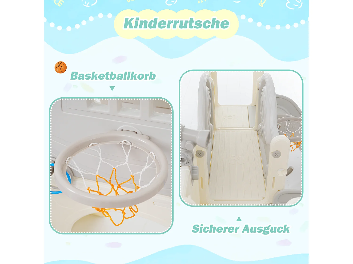 Scivolo per bambini 8 in 1 con 2 scivoli, altalena, piattaforma, canestro da basket, gioco del lazo, ripostiglio e scale - HDPE (200x165x95 cm)