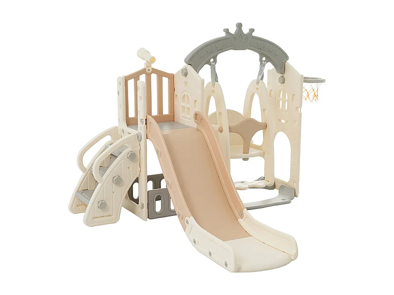 Parque infantil multifuncional 5 en 1 con tobogán, columpio, escalera, anillas, telescopio y caja de almacenamiento - Madera HDPE (157 x 145 x 121 cm)