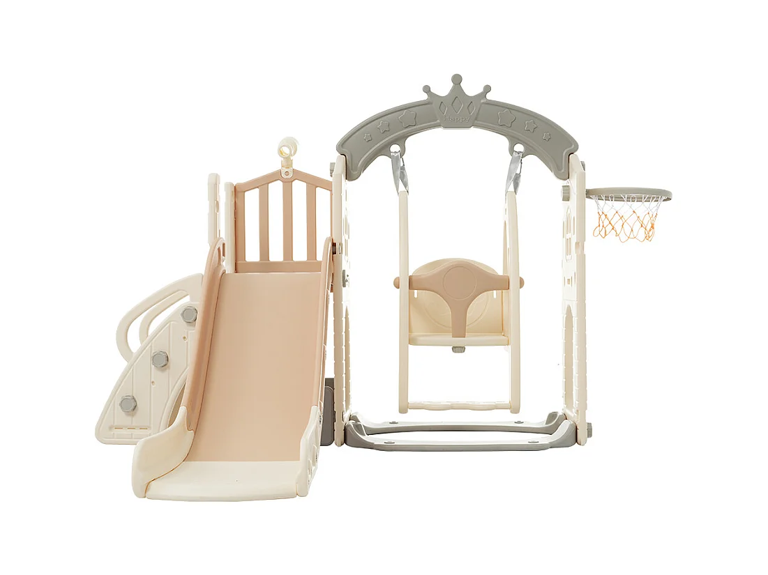 Parque infantil multifuncional 5 en 1 con tobogán, columpio, escalera, anillas, telescopio y caja de almacenamiento - Madera HDPE (157 x 145 x 121 cm)