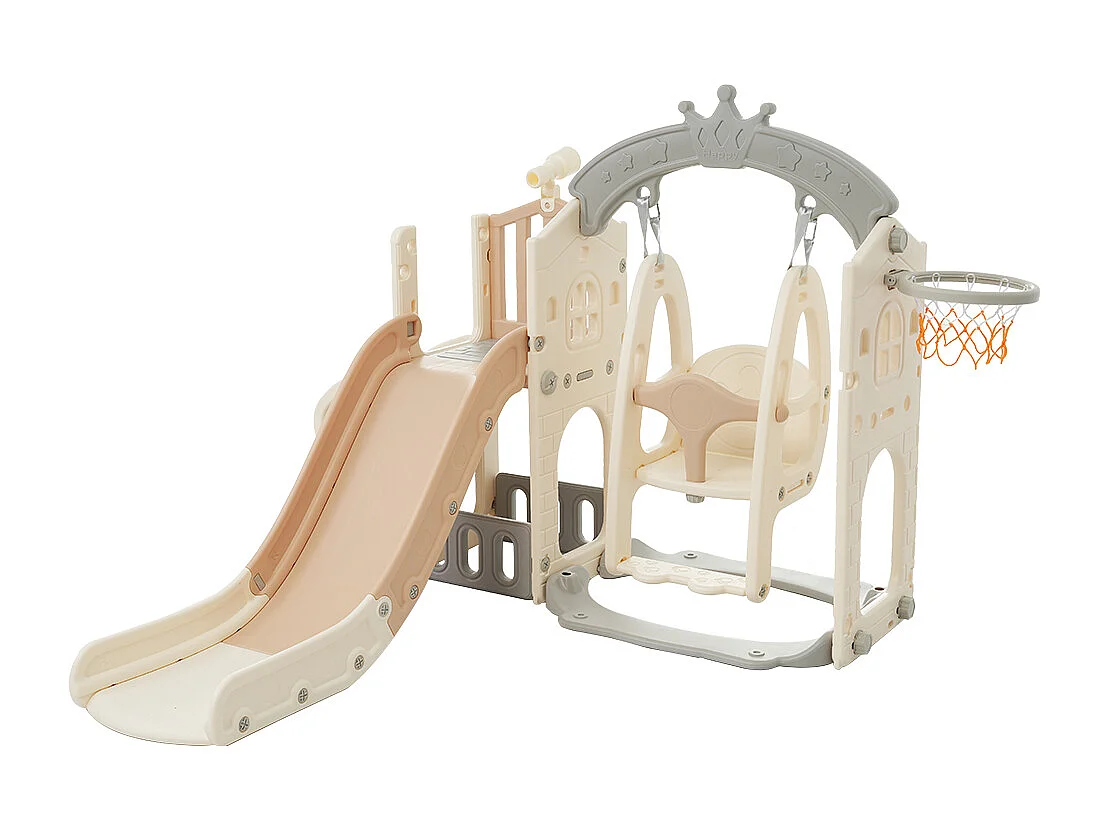 Parcours de jeux multifonction 5-en-1 pour enfants, avec toboggan, balançoire, échelle, anneaux, télescope, boîte de rangement – bois HDPE (157x145x121 cm)