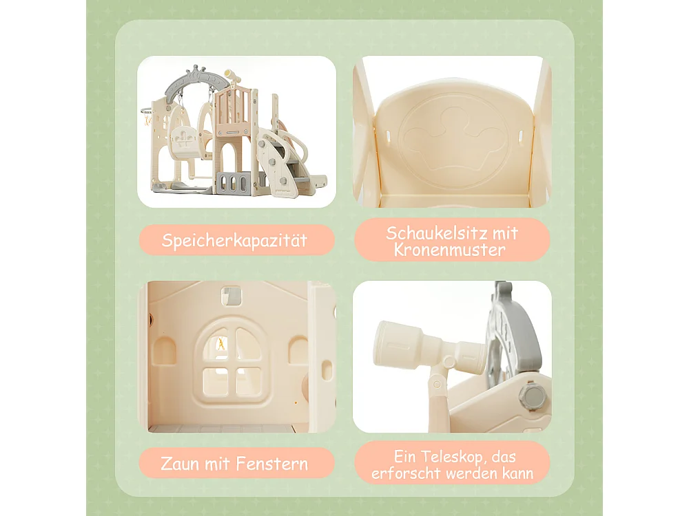 Parcours de jeux multifonction 5-en-1 pour enfants, avec toboggan, balançoire, échelle, anneaux, télescope, boîte de rangement – bois HDPE (157x145x121 cm)