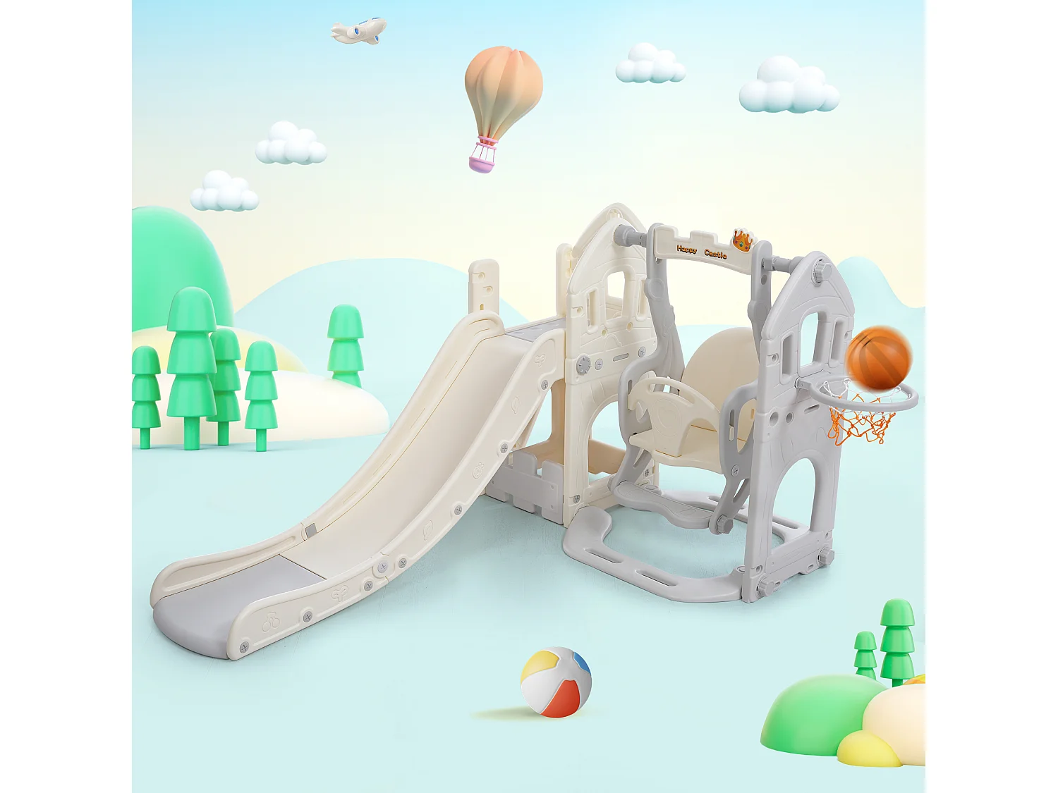 Set de toboggan pour enfants 5 en 1, avec balançoire, toboggan, escalier, panier de basket et rangement, pour intérieur