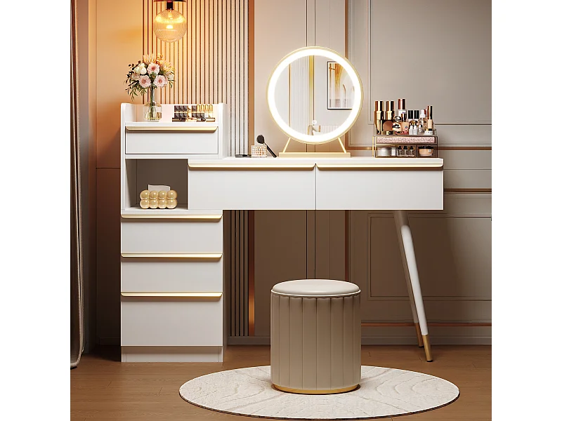 Toaletka z rozkładanym blatem - 100 x 41,5 x 102 cm - z 6 szufladami + lustro LED - płyta wiórowa - biała