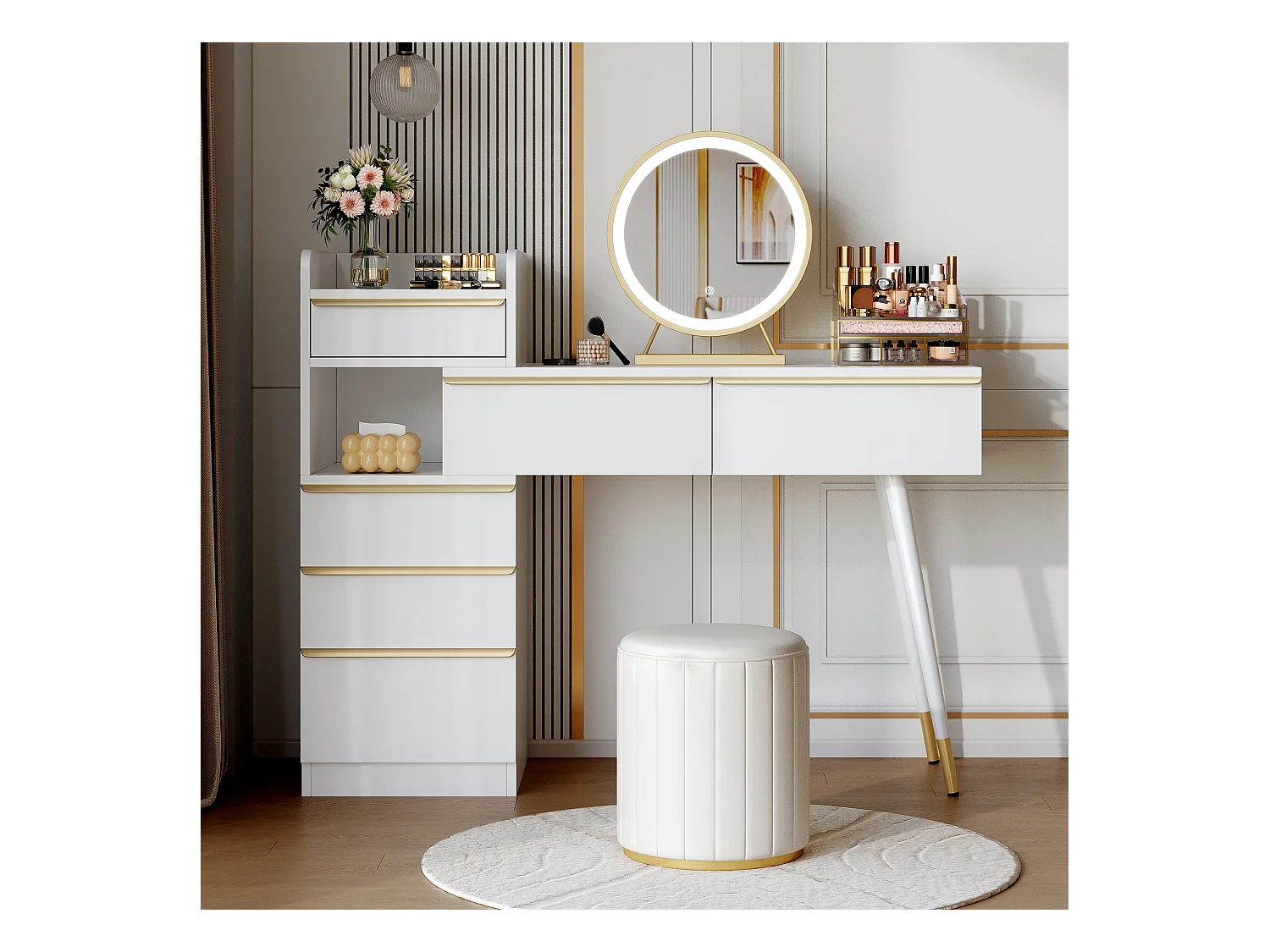 Coiffeuse avec plateau extensible - 100 x 41.5 x 102 cm - avec 6 tiroirs + miroir Leds - aggloméré - blanc