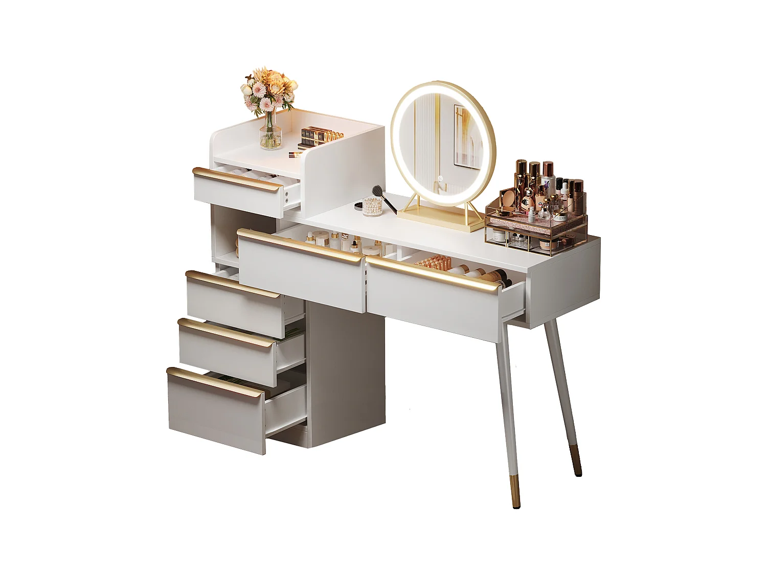 Coiffeuse avec plateau extensible - 100 x 41.5 x 102 cm - avec 6 tiroirs + miroir Leds - aggloméré - blanc