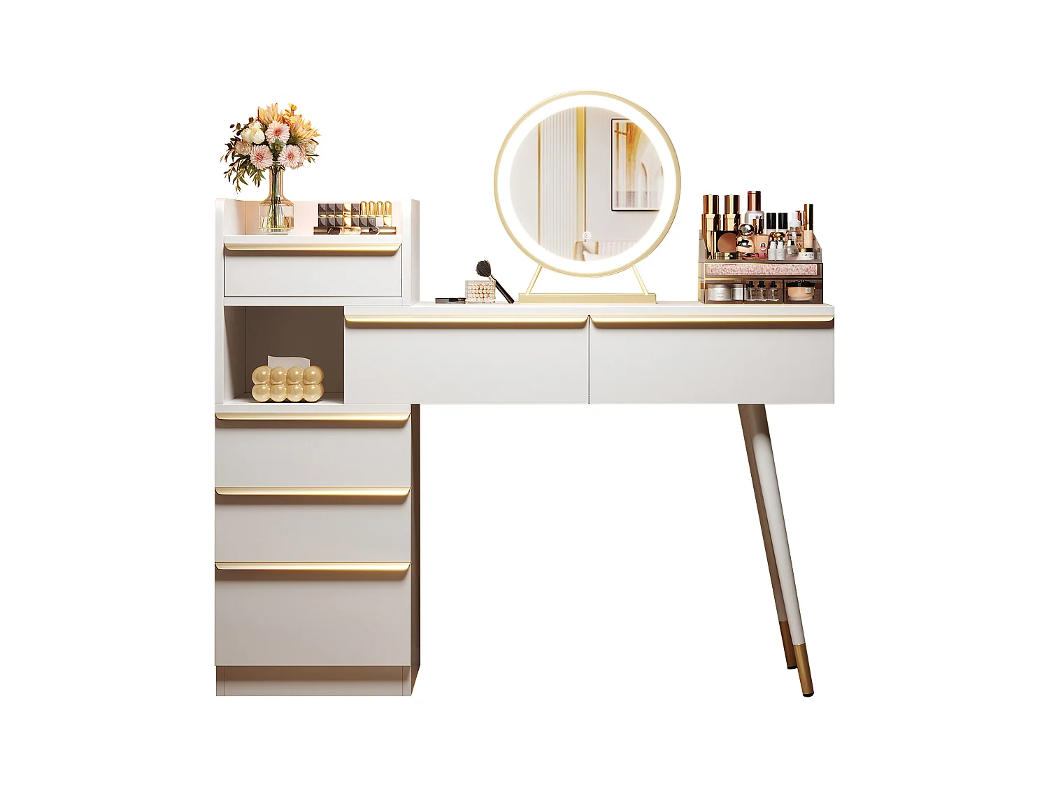 Coiffeuse avec plateau extensible - 100 x 41.5 x 102 cm - avec 6 tiroirs + miroir Leds - aggloméré - blanc