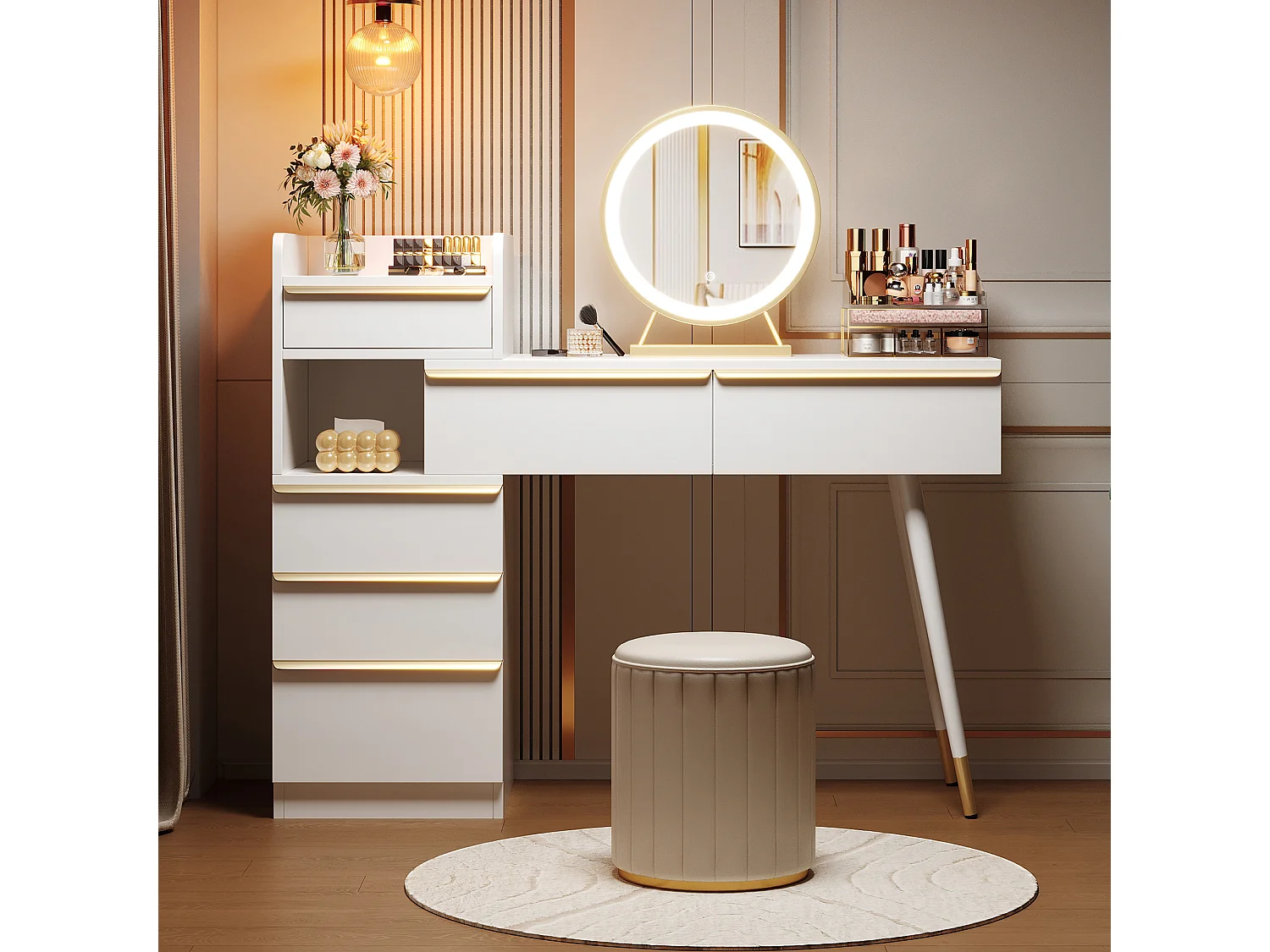 Schminktisch mit ausziehbarer Platte - 100 x 41,5 x 102 cm - mit 6 Schubladen + LED-Spiegel - Spanplatte - weiß