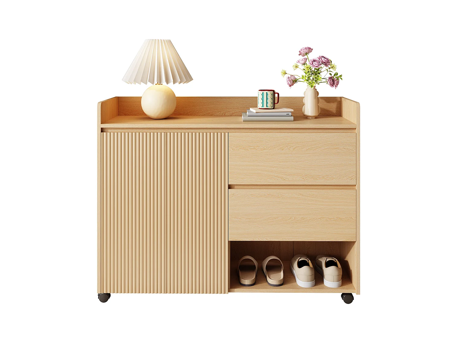 Scarpiera mobile, con ripiani regolabili, cassetti e ruote, MDF, naturale (110x35x86 cm)