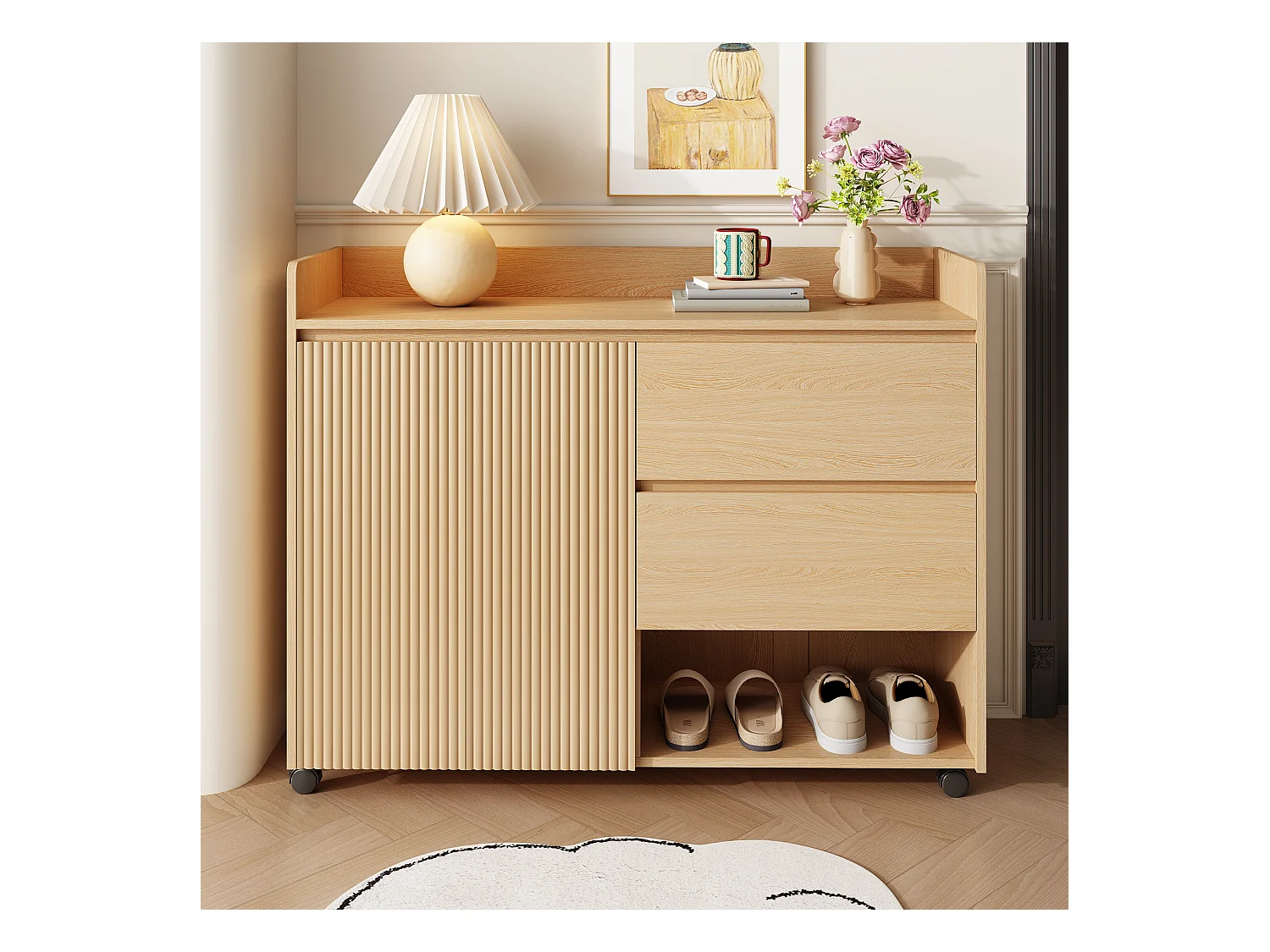 Scarpiera mobile, con ripiani regolabili, cassetti e ruote, MDF, naturale (110x35x86 cm)