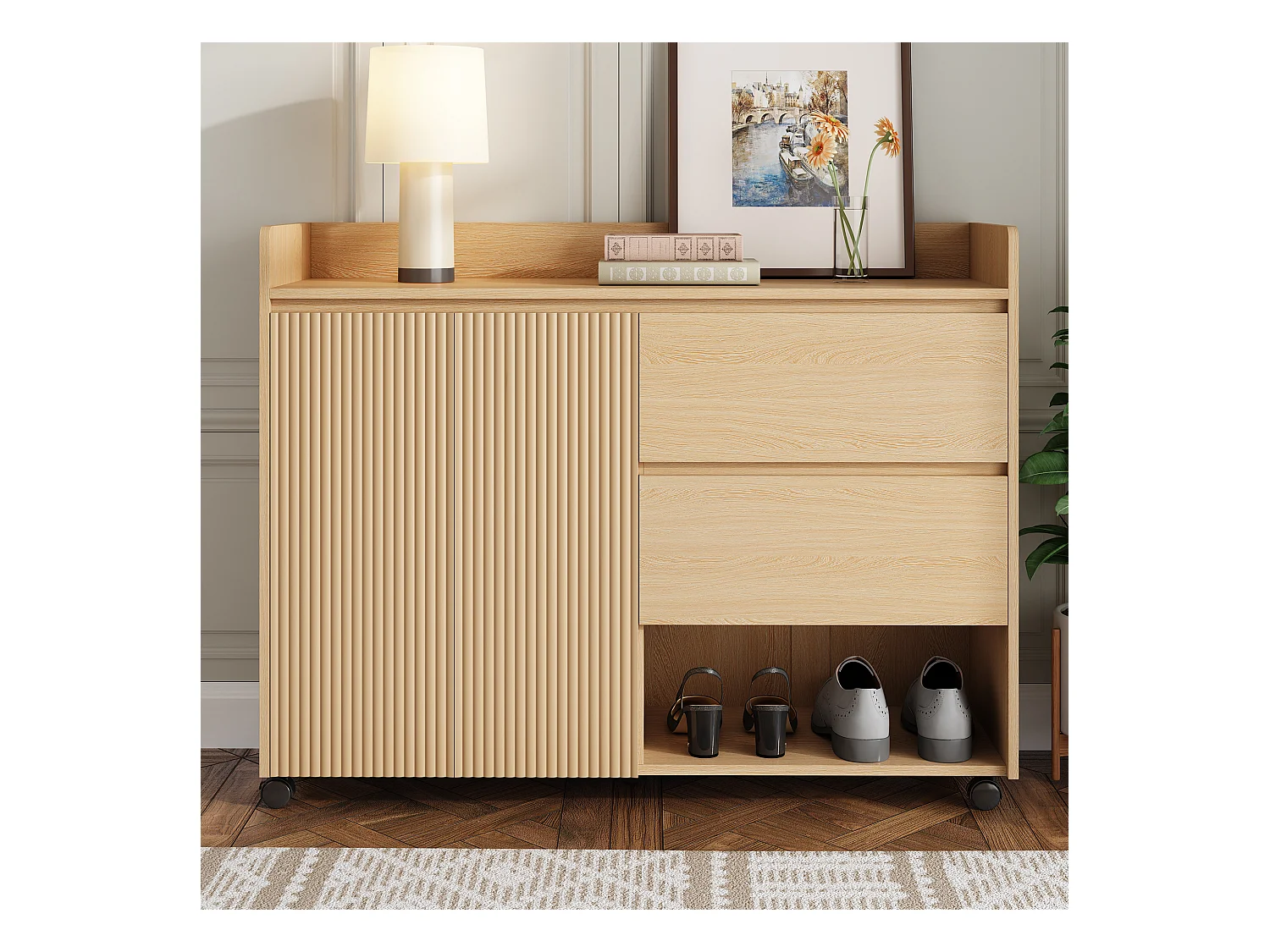 Scarpiera mobile, con ripiani regolabili, cassetti e ruote, MDF, naturale (110x35x86 cm)