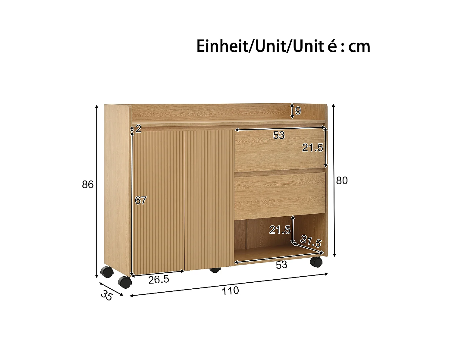 Scarpiera mobile, con ripiani regolabili, cassetti e ruote, MDF, naturale (110x35x86 cm)