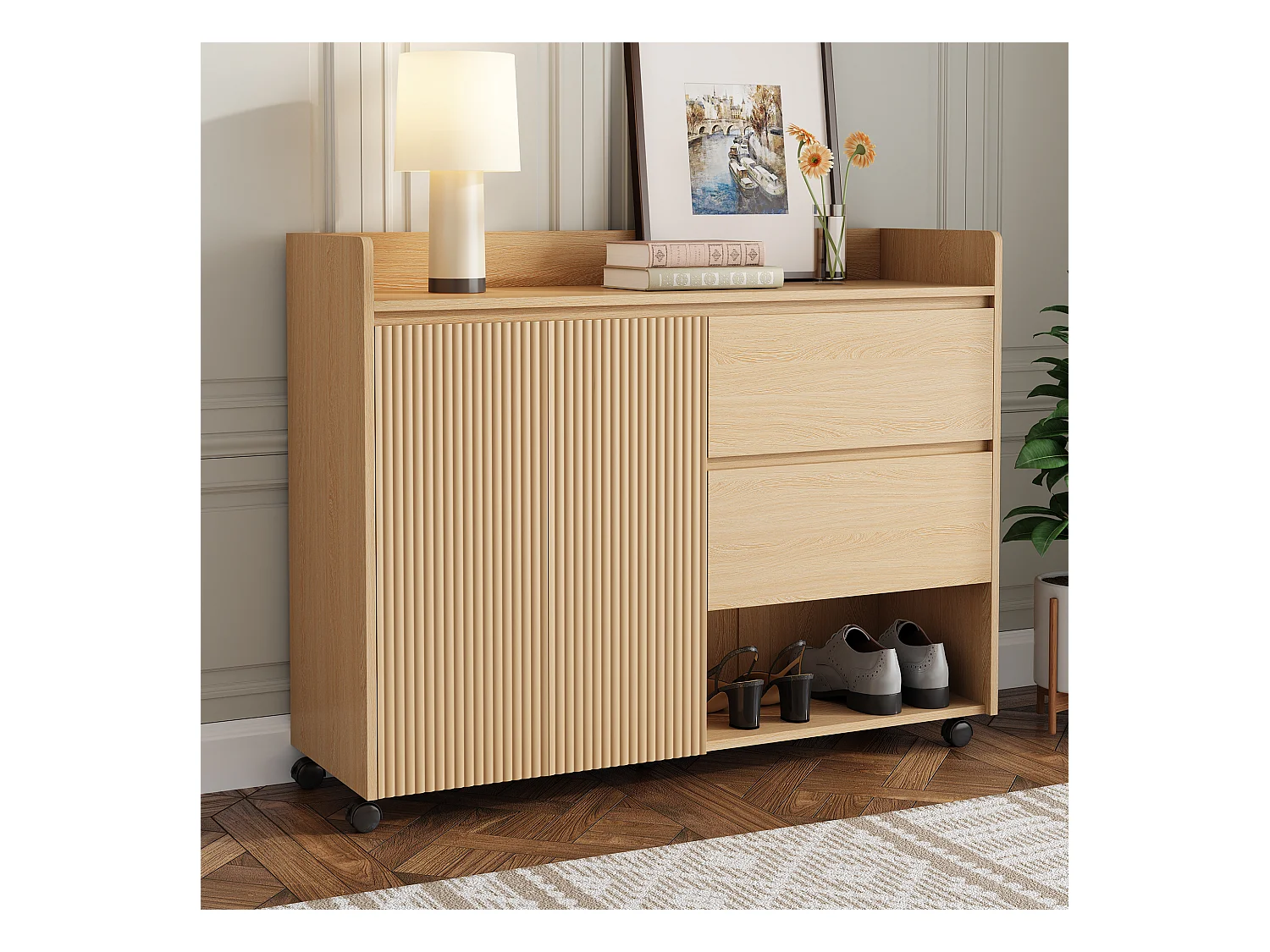 Scarpiera mobile, con ripiani regolabili, cassetti e ruote, MDF, naturale (110x35x86 cm)