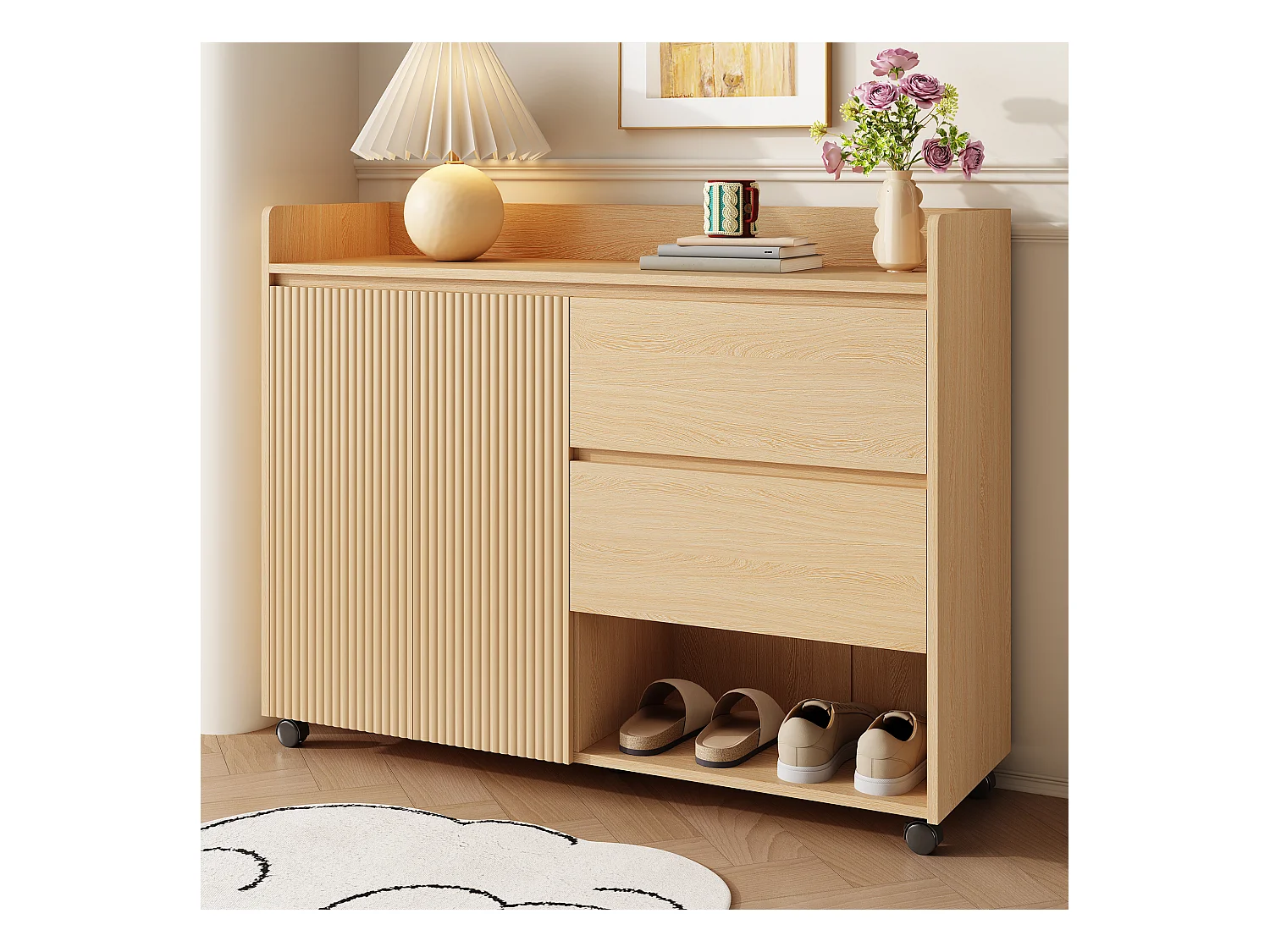 Scarpiera mobile, con ripiani regolabili, cassetti e ruote, MDF, naturale (110x35x86 cm)