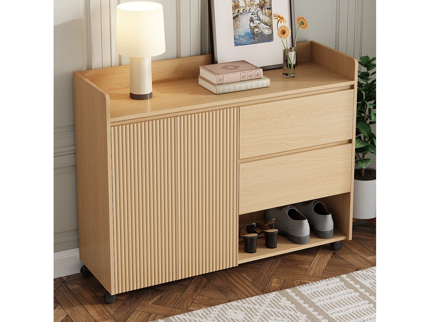 Meuble à chaussures mobile, avec étagères réglables, tiroirs et roulettes, MDF, naturel (110x35x86 cm)