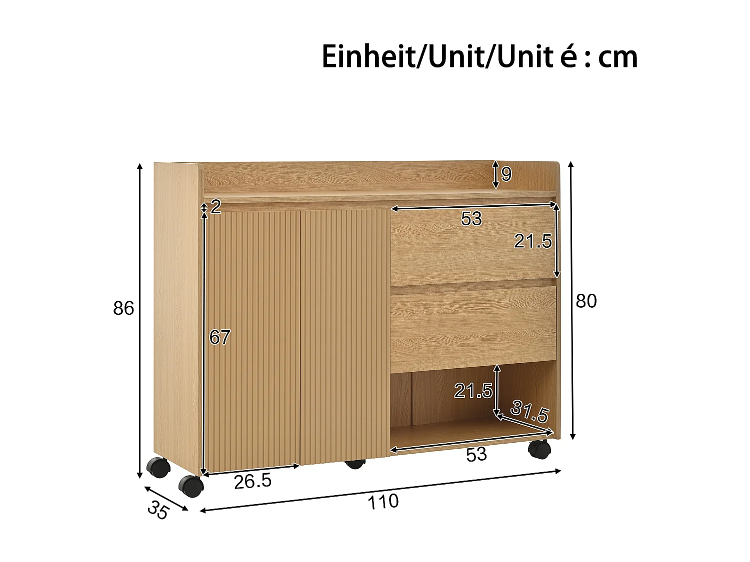 Meuble à chaussures mobile, avec étagères réglables, tiroirs et roulettes, MDF, naturel (110x35x86 cm)