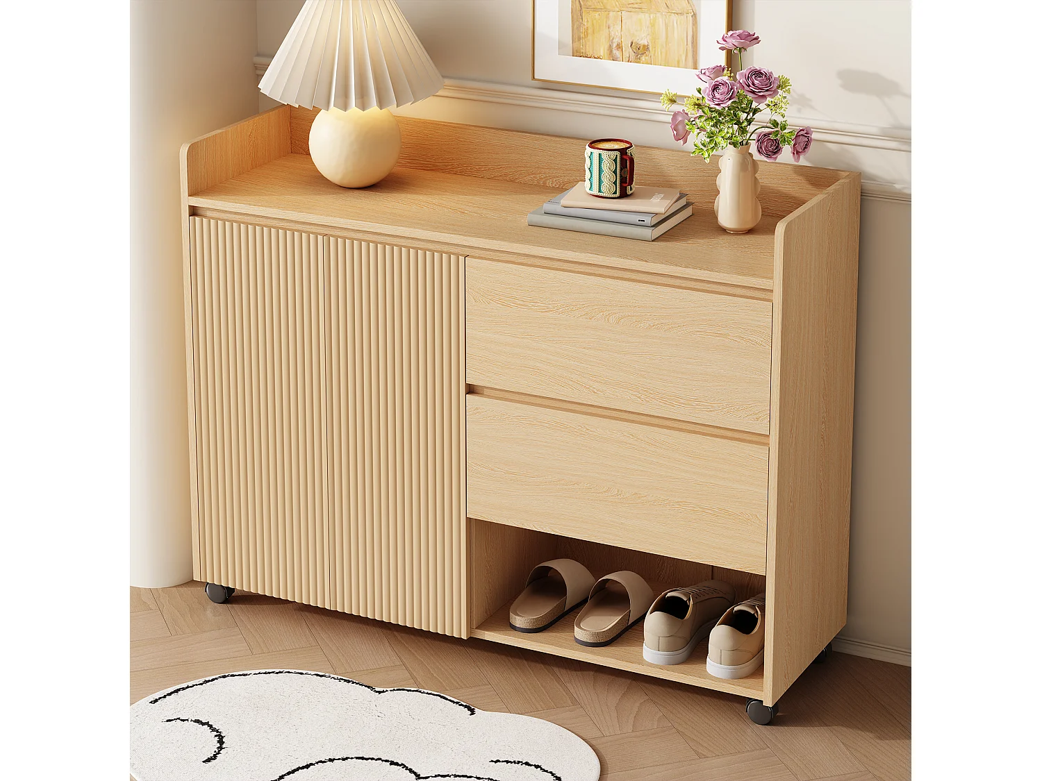 Meuble à chaussures mobile, avec étagères réglables, tiroirs et roulettes, MDF, naturel (110x35x86 cm)