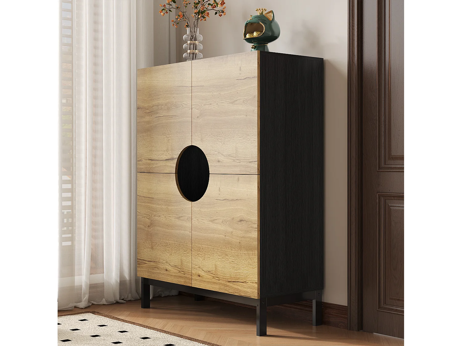 Scarpiera e vetrina 2 in 1 - 90 x 40 x 120 cm - con ripiani regolabili + LED - MDF - naturale